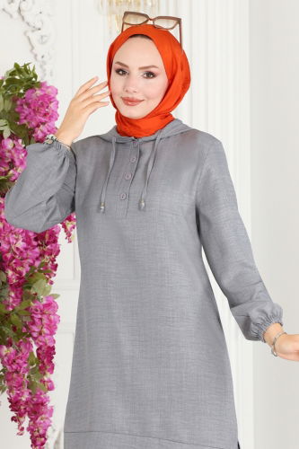 moda selvim Hooded Linen Double Set 245DVL817 Gray - Thumbnail