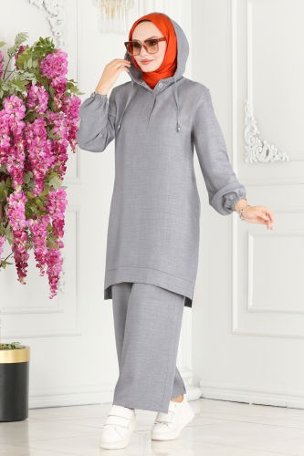 moda selvim Hooded Linen Double Set 245DVL817 Gray - Thumbnail