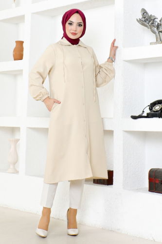 moda selvim Hooded Linen Tunic NFC5164 Beige - Thumbnail