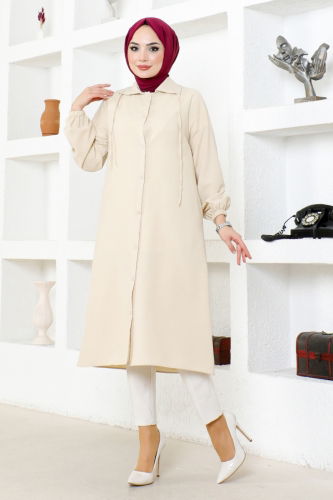 moda selvim Hooded Linen Tunic NFC5164 Beige - Thumbnail