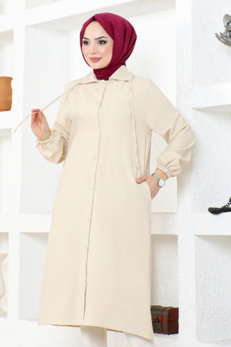 moda selvim Hooded Linen Tunic NFC5164 Beige - Thumbnail