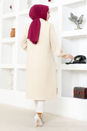 moda selvim Hooded Linen Tunic NFC5164 Beige - Thumbnail