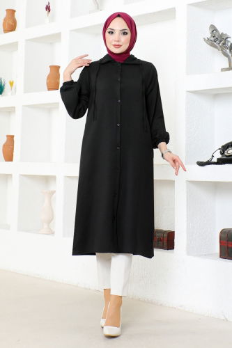 moda selvim Hooded Linen Tunic NFC5164 Black - Thumbnail