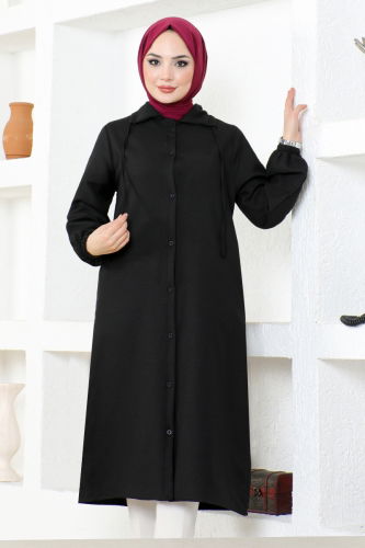 moda selvim Hooded Linen Tunic NFC5164 Black - Thumbnail