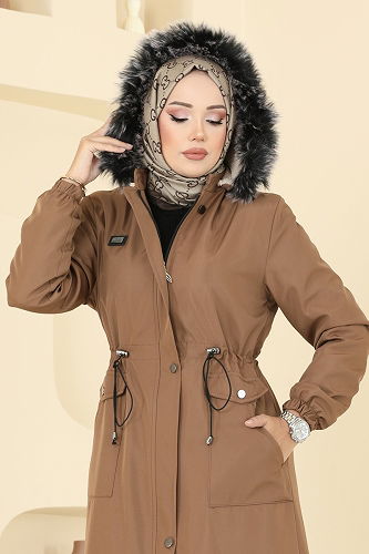 moda selvim İçi Kürklü Bondit Kaban 2816MSA980 Taba - Thumbnail