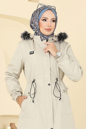 moda selvim İçi Kürklü Bondit Kaban 2816MSA980 Taş - Thumbnail