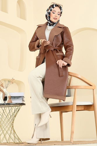 moda selvim İçi Kürklü Deri Kaban 6239BSK463 Taba - Thumbnail
