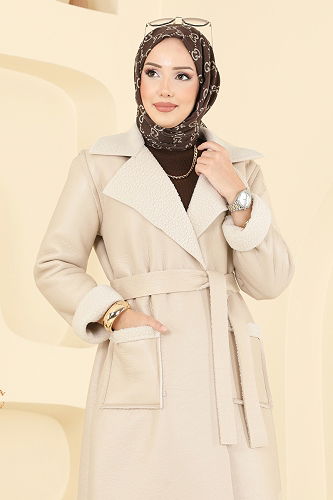 moda selvim İçi Kürklü Deri Kaban 6239BSK463 Taş - Thumbnail