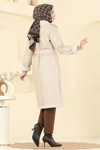 moda selvim İçi Kürklü Deri Kaban 6239BSK463 Taş - Thumbnail