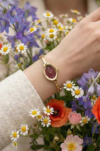 C.L.S.K. - İnce Kordonlu Zarif Kol Saati 8537CLSK1184 Bordo&Gold