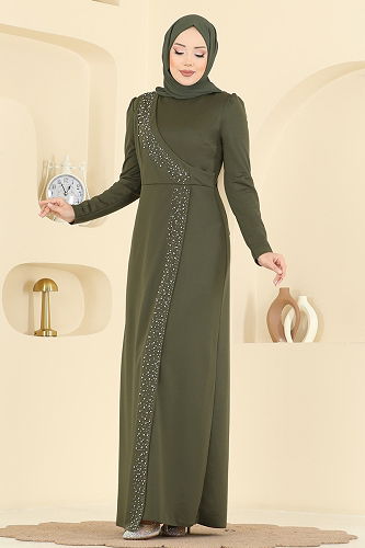 moda selvim İnci Detay Abiye Elbise 2459ASMK1074 Haki - Thumbnail