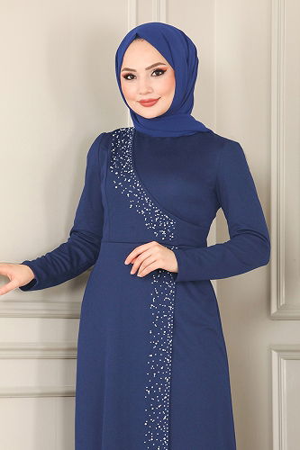 moda selvim İnci Detay Abiye Elbise 2459ASMK1074 İndigo - Thumbnail
