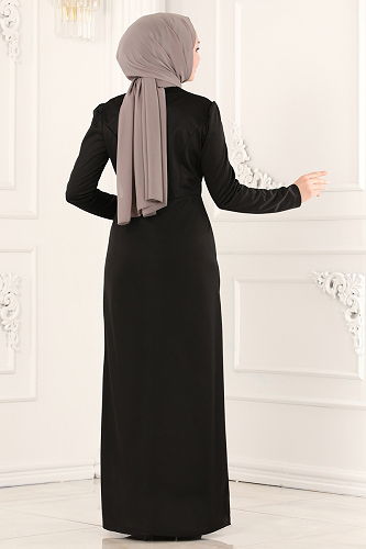 moda selvim İnci Detay Abiye Elbise 2459ASMK1074 Siyah - Thumbnail