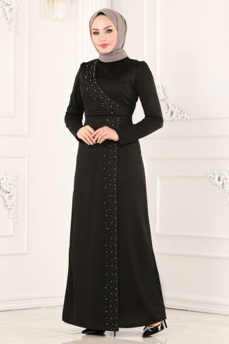 moda selvim İnci Detay Abiye Elbise 2459ASMK1074 Siyah - Thumbnail