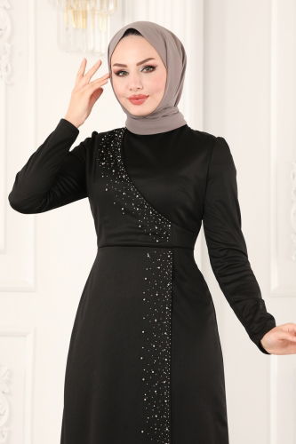 moda selvim İnci Detay Abiye Elbise 2459ASMK1074 Siyah - Thumbnail