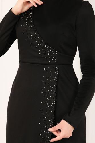 moda selvim İnci Detay Abiye Elbise 2459ASMK1074 Siyah - Thumbnail