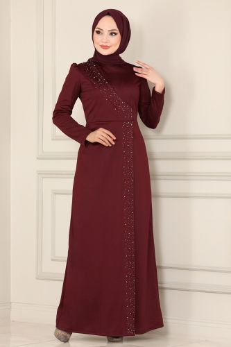 moda selvim İnci Detay Elbise 2459ASMK1074 Bordo - Thumbnail