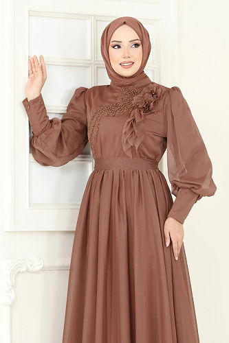 moda selvim İnci Detay Janjan Abiye 8000AB368 Bakır - Thumbnail