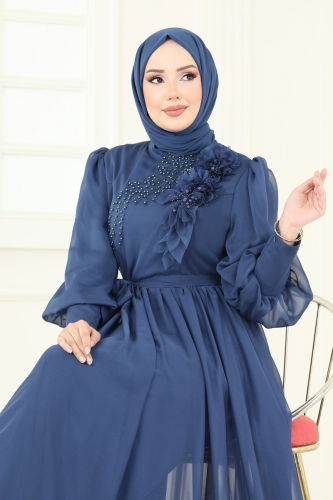 moda selvim İnci Detay Janjan Abiye 8000AB368 İndigo - Thumbnail