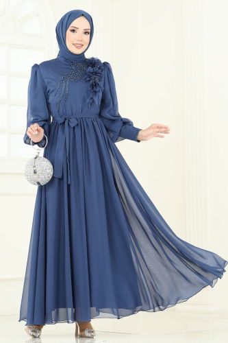 moda selvim İnci Detay Janjan Abiye 8000AB368 İndigo - Thumbnail