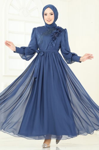 moda selvim İnci Detay Janjan Abiye 8000AB368 İndigo - Thumbnail