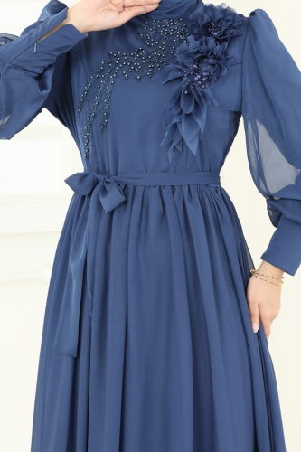 moda selvim İnci Detay Janjan Abiye 8000AB368 İndigo - Thumbnail