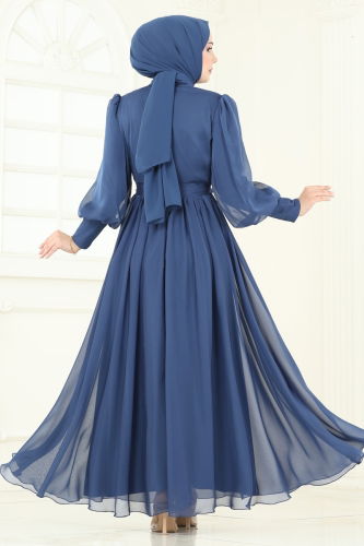 moda selvim İnci Detay Janjan Abiye 8000AB368 İndigo - Thumbnail