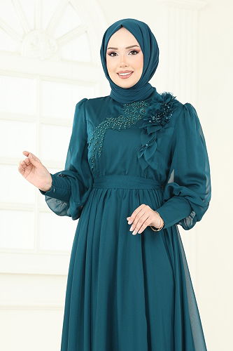 moda selvim İnci Detay Janjan Abiye 8000AB368 Petrol - Thumbnail