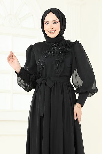 moda selvim İnci Detay Janjan Abiye 8000AB368 Siyah - Thumbnail