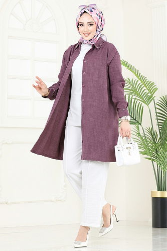 moda selvim İnci Detay Takım 140HBS856 Koyu Lila&Ekru - Thumbnail