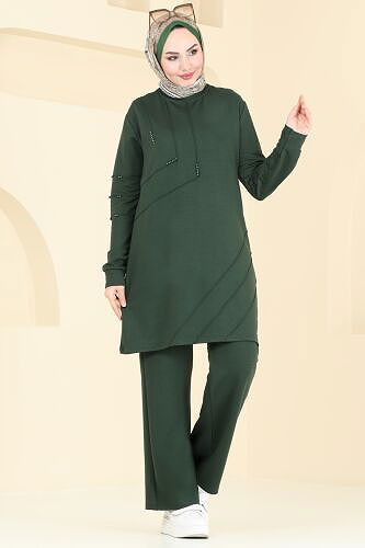 moda selvim İnci Detay Tesettür Takım 2684AYD574 Zümrüt - Thumbnail