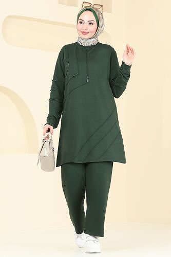 moda selvim İnci Detay Tesettür Takım 2684AYD574 Zümrüt - Thumbnail