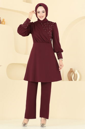moda selvim İnci Detay Tesettür Takım ASM2809 Bordo - Thumbnail