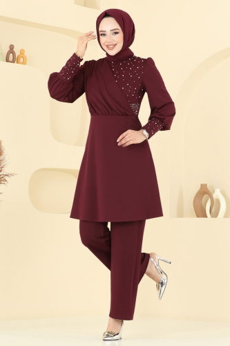 moda selvim İnci Detay Tesettür Takım ASM2809 Bordo - Thumbnail