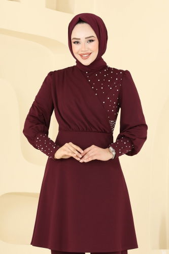 moda selvim İnci Detay Tesettür Takım ASM2809 Bordo - Thumbnail