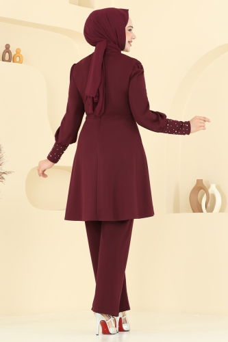 moda selvim İnci Detay Tesettür Takım ASM2809 Bordo - Thumbnail