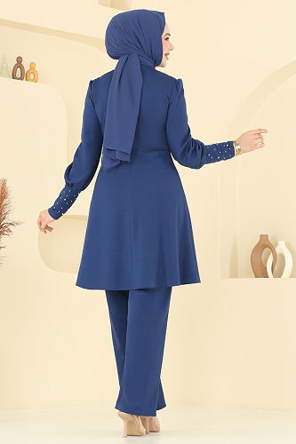 moda selvim İnci Detay Tesettür Takım ASM2809 İndigo - Thumbnail