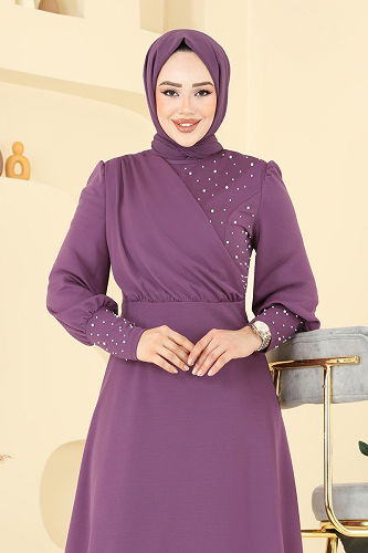 moda selvim İnci Detay Tesettür Takım ASM2809 Koyu Lila - Thumbnail