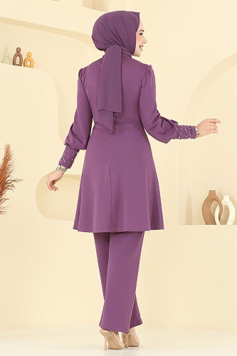 moda selvim İnci Detay Tesettür Takım ASM2809 Koyu Lila - Thumbnail