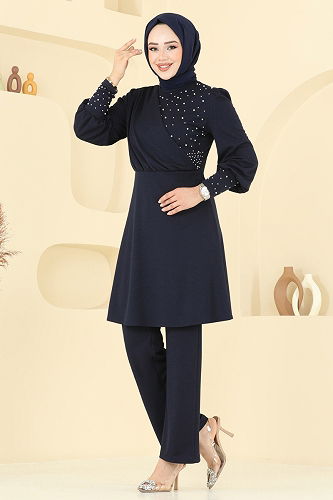 moda selvim İnci Detay Tesettür Takım ASM2809 Laci - Thumbnail