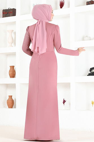 moda selvim İnci Detaylı Abiye ASM2530-M Gül Kurusu - Thumbnail