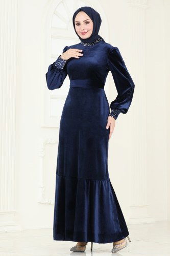 moda selvim İnci Detaylı Abiye Elbise ASM2765 Laci - Thumbnail