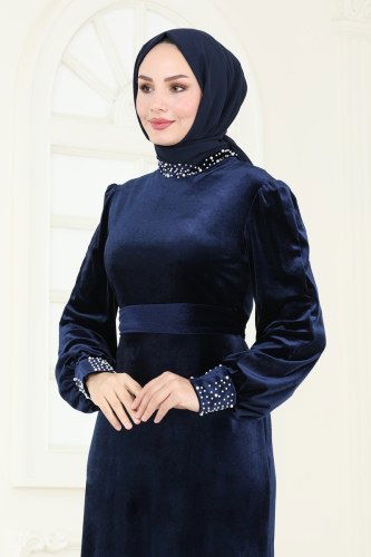 moda selvim İnci Detaylı Abiye Elbise ASM2765 Laci - Thumbnail