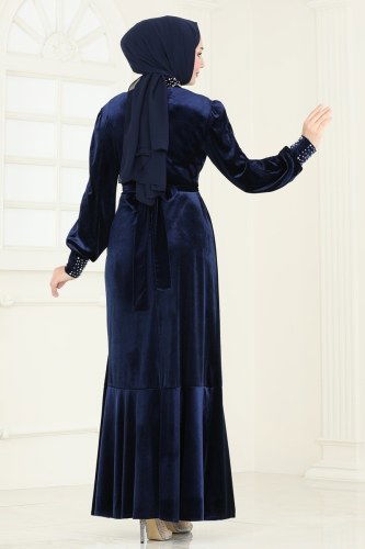 moda selvim İnci Detaylı Abiye Elbise ASM2765 Laci - Thumbnail