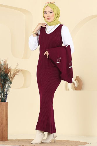 moda selvim İnci Detaylı Elbiseli Takım 1018MT581 Bordo - Thumbnail