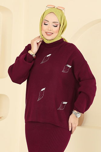 moda selvim İnci Detaylı Elbiseli Takım 1018MT581 Bordo - Thumbnail