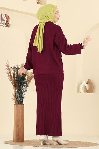 moda selvim İnci Detaylı Elbiseli Takım 1018MT581 Bordo - Thumbnail