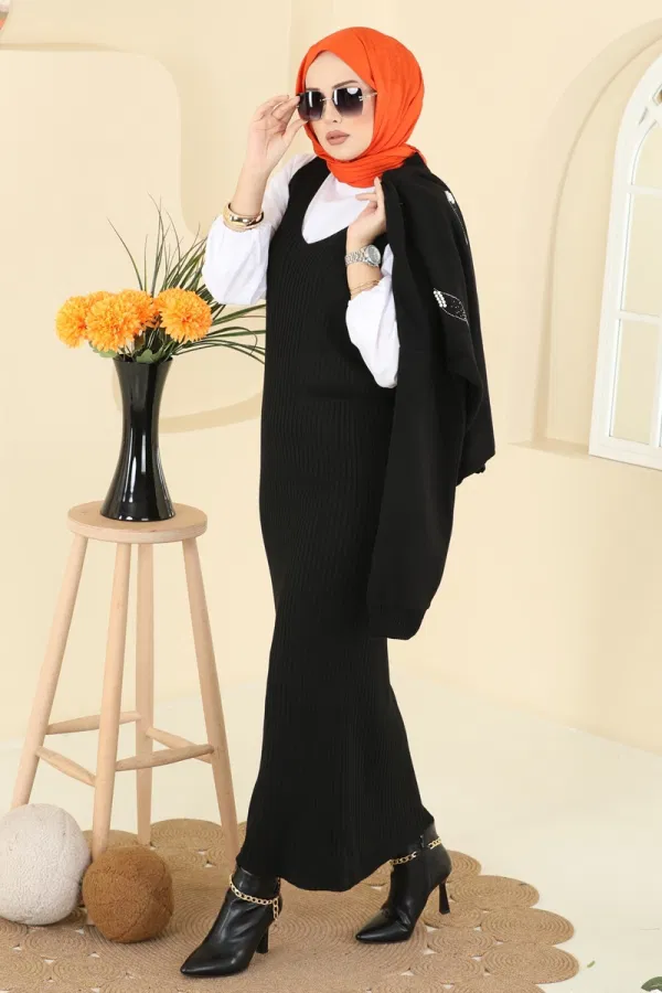 Modaselvim Kombin İnci Detaylı Elbiseli Takım 1018MT581 Siyah