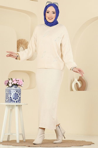 moda selvim İnci Detaylı Elbiseli Takım 1018MT581 Taş - Thumbnail