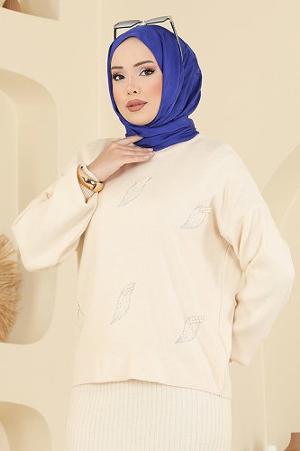 moda selvim İnci Detaylı Elbiseli Takım 1018MT581 Taş - Thumbnail